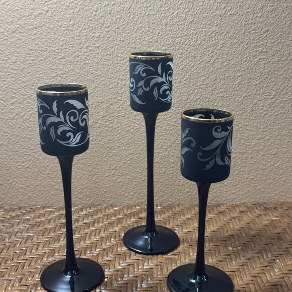 Partylite Candle Holders Black Gold Trim Set Of 3 - Picture 1 of 9